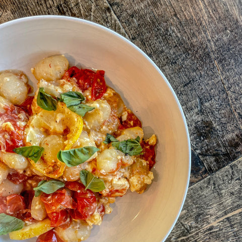 Baked Lemony Gnocchi with Tomatoes and Feta - Olive Branch Oil & Spice