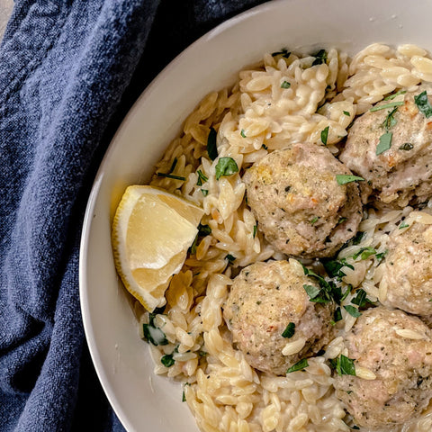 Pesto Chicken Meatballs and Orzo - Olive Branch Oil & Spice