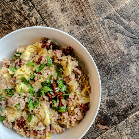 Sausage and Artichoke Orzotto - Olive Branch Oil & Spice